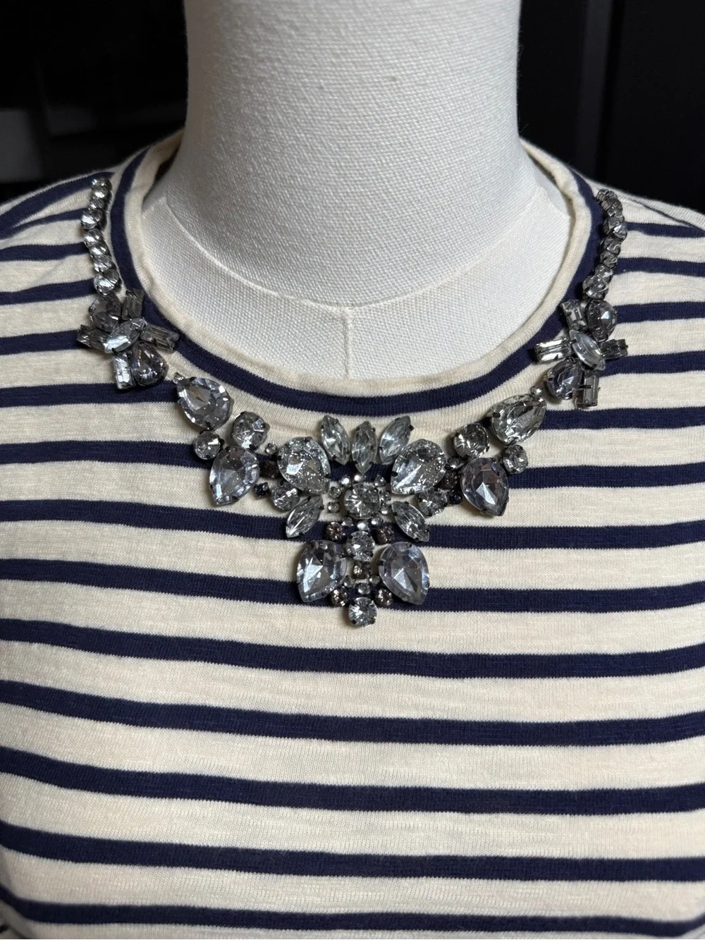 {J. Crew} Cream Navy Striped Rhinestone Statement Necklace Long Sleeve Top WSH38